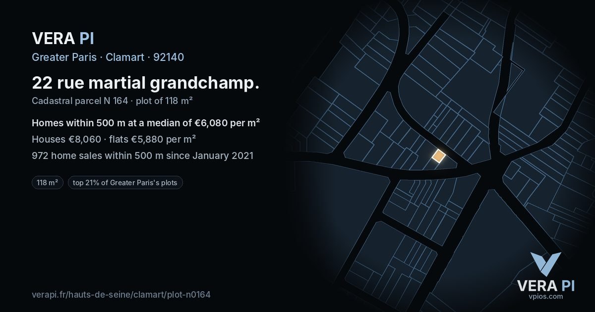 22 rue martial grandchamp, Clamart at night – the plot lit, the parcels around coloured by the prices near them
