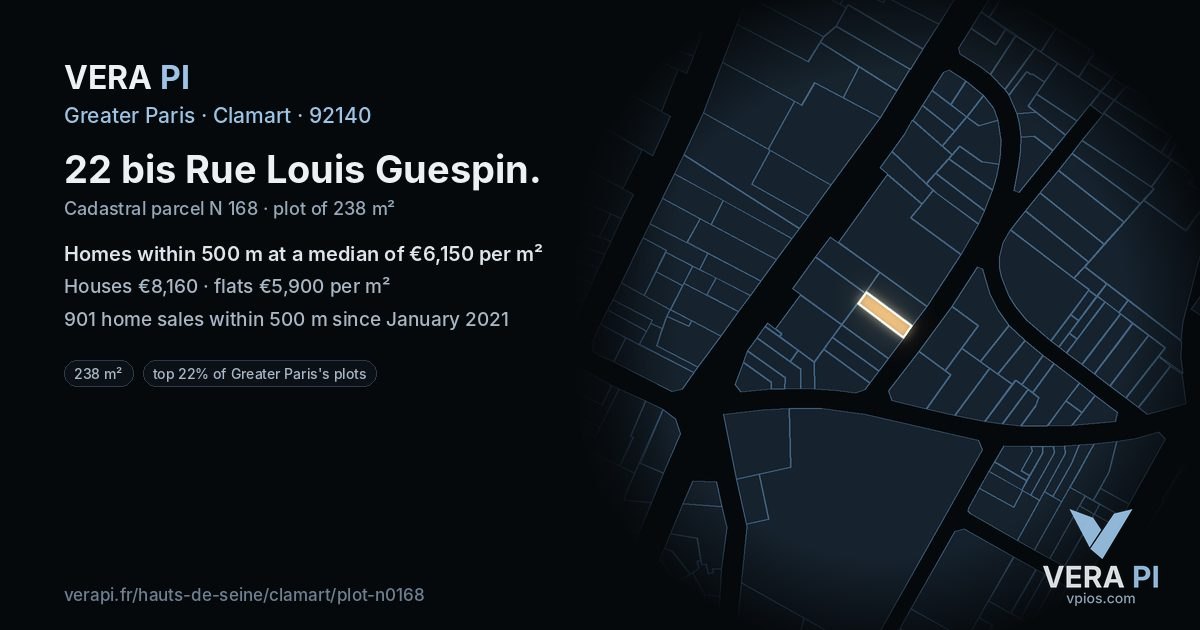 22 bis Rue Louis Guespin, Clamart at night – the plot lit, the parcels around coloured by the prices near them