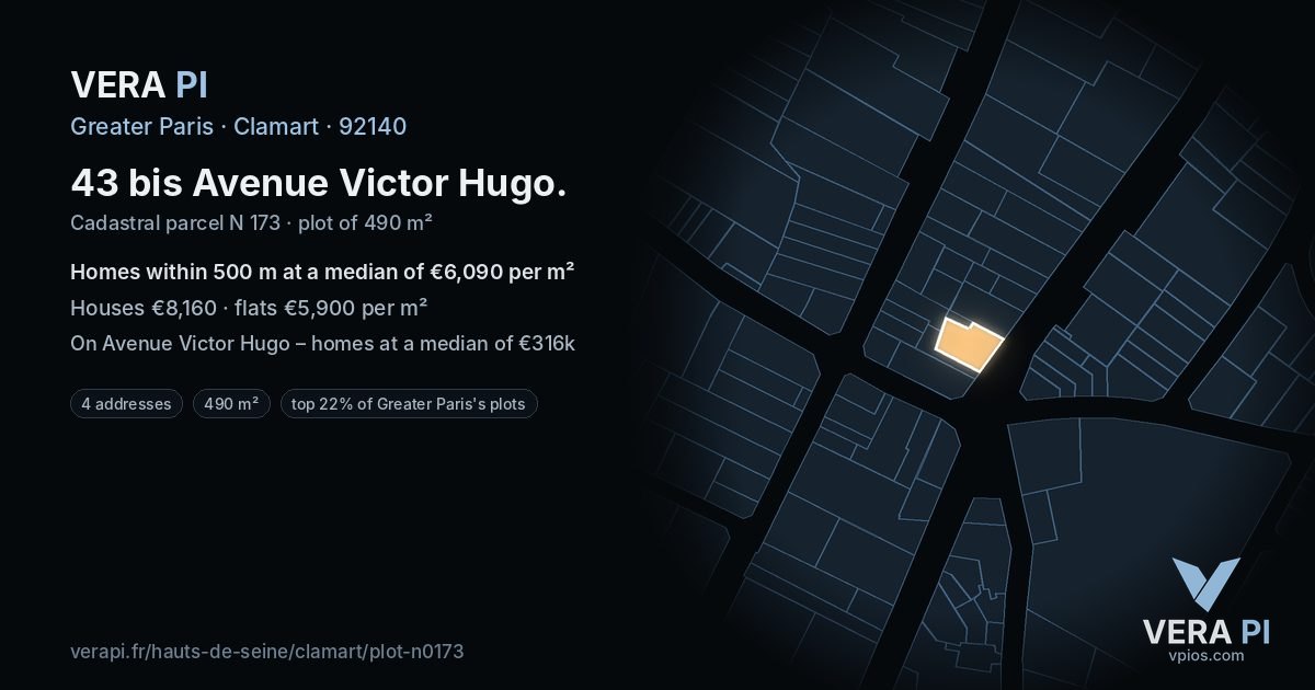 43 bis Avenue Victor Hugo, Clamart at night – the plot lit, the parcels around coloured by the prices near them