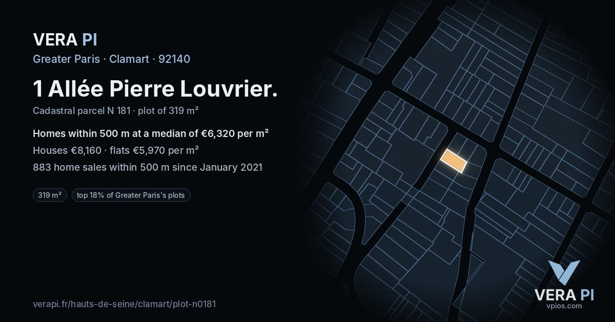 1 Allée Pierre Louvrier, Clamart at night – the plot lit, the parcels around coloured by the prices near them