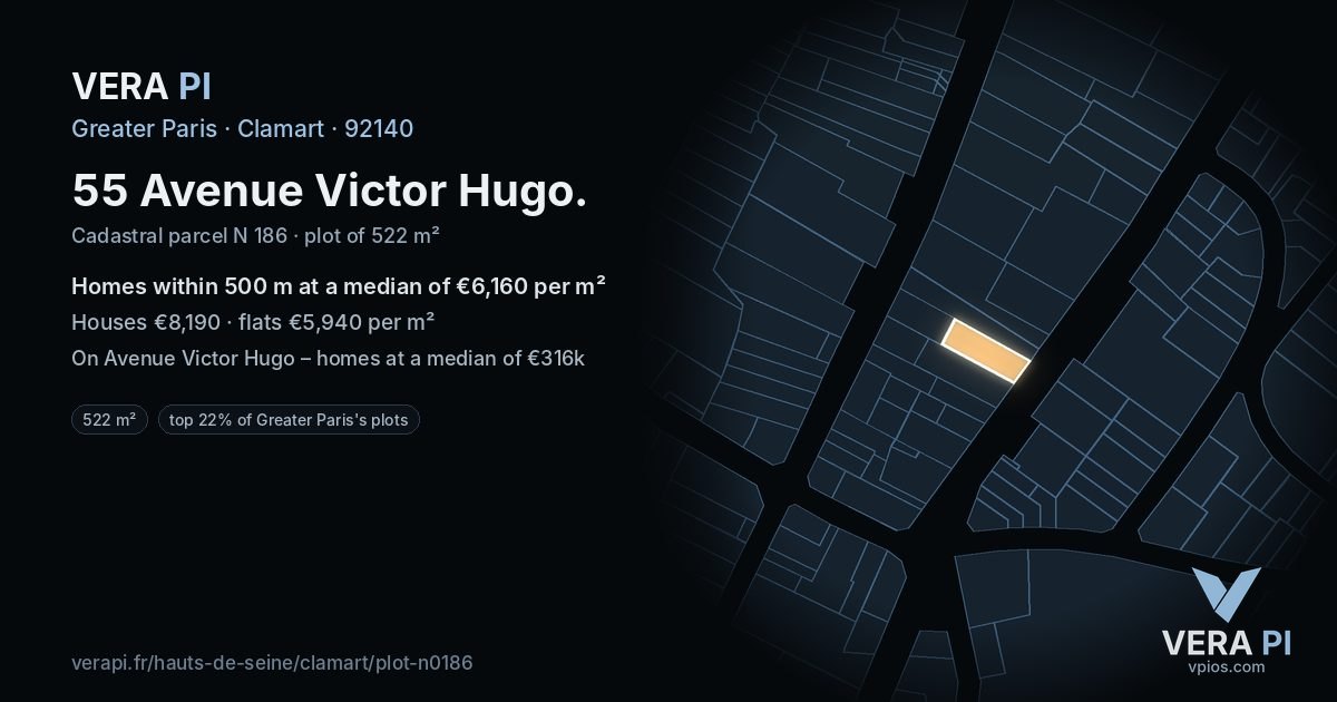55 Avenue Victor Hugo, Clamart at night – the plot lit, the parcels around coloured by the prices near them