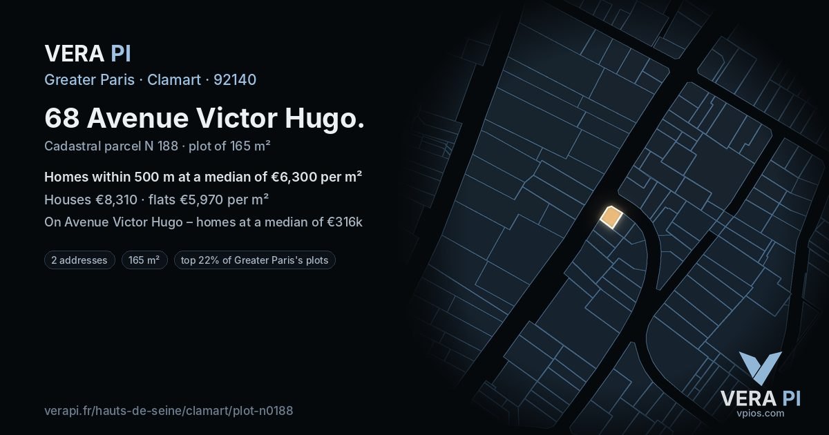 68 Avenue Victor Hugo, Clamart at night – the plot lit, the parcels around coloured by the prices near them
