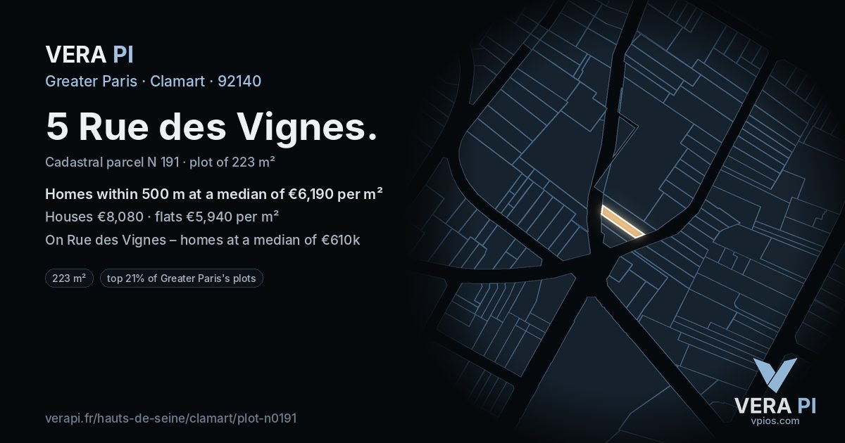 5 Rue des Vignes, Clamart at night – the plot lit, the parcels around coloured by the prices near them