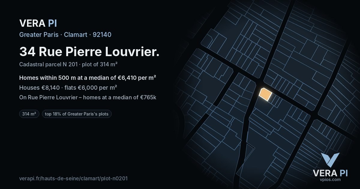 34 Rue Pierre Louvrier, Clamart at night – the plot lit, the parcels around coloured by the prices near them