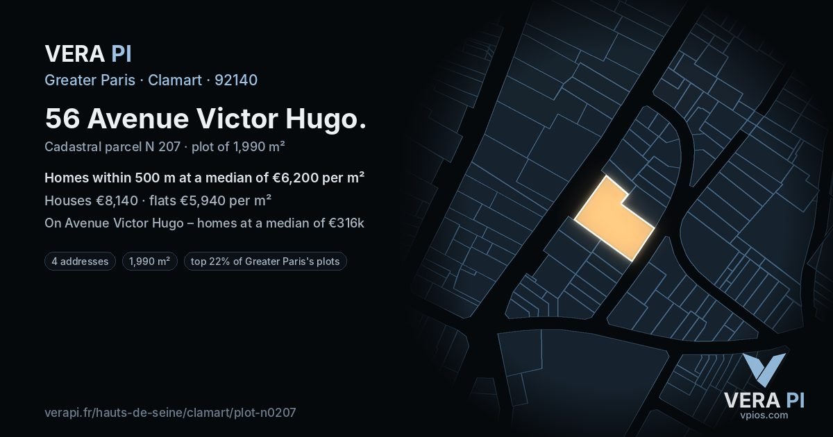 56 Avenue Victor Hugo, Clamart at night – the plot lit, the parcels around coloured by the prices near them