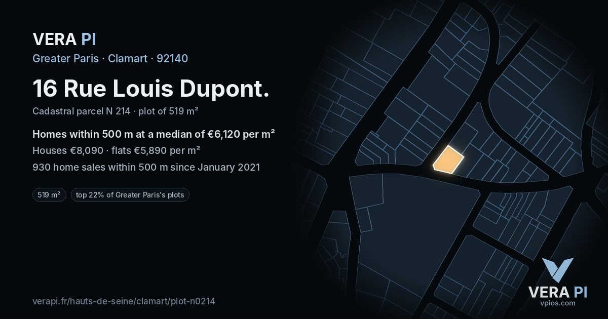 16 Rue Louis Dupont, Clamart at night – the plot lit, the parcels around coloured by the prices near them