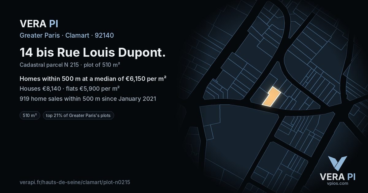 14 bis Rue Louis Dupont, Clamart at night – the plot lit, the parcels around coloured by the prices near them