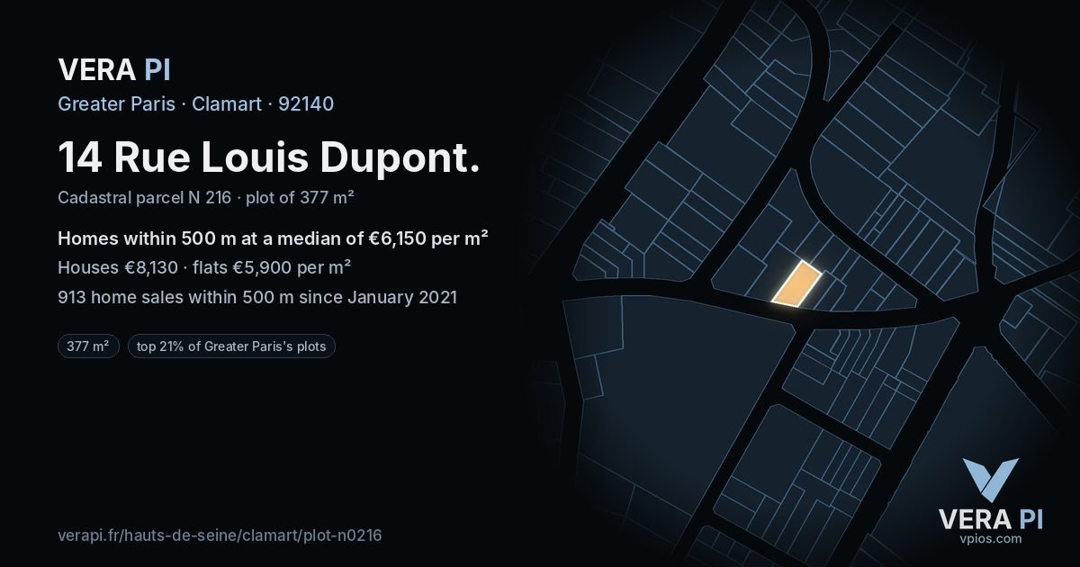 14 Rue Louis Dupont, Clamart at night – the plot lit, the parcels around coloured by the prices near them