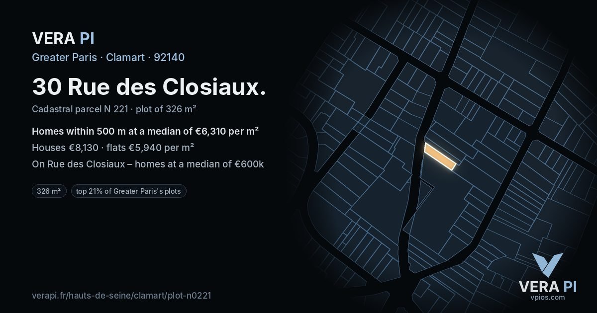 30 Rue des Closiaux, Clamart at night – the plot lit, the parcels around coloured by the prices near them