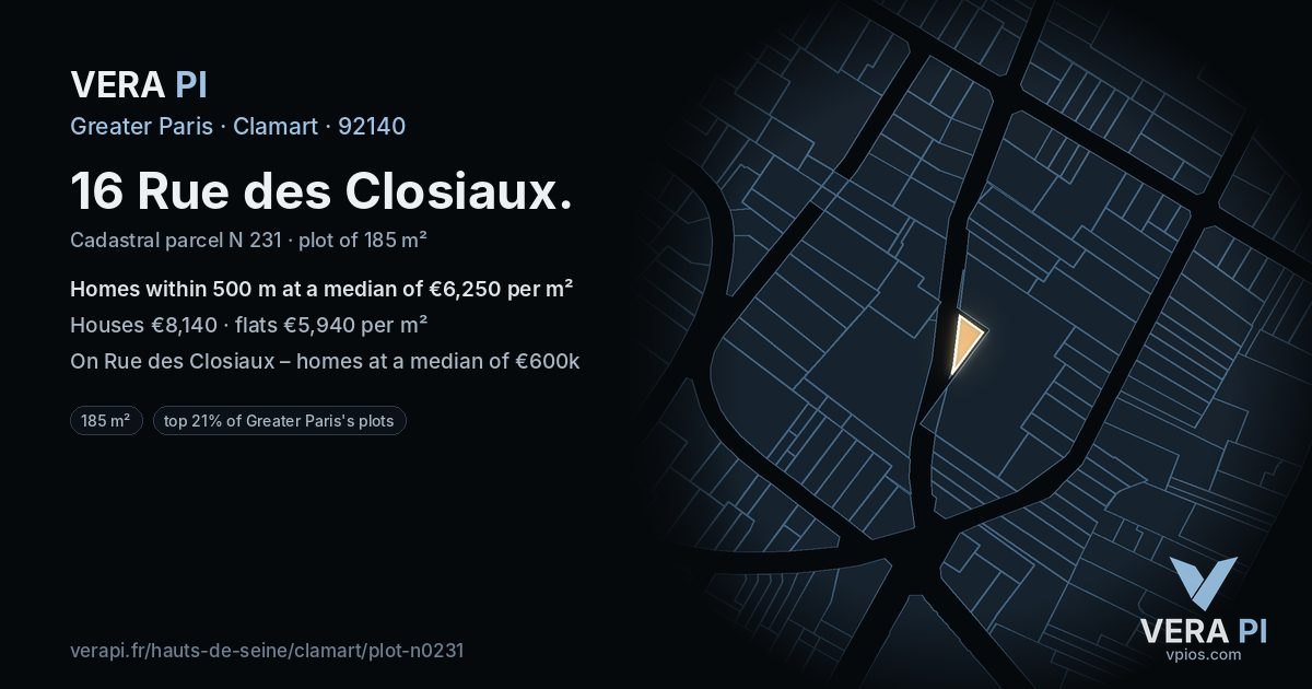 16 Rue des Closiaux, Clamart at night – the plot lit, the parcels around coloured by the prices near them