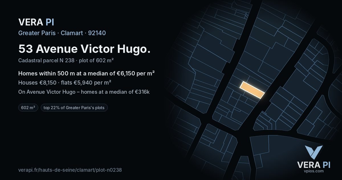 53 Avenue Victor Hugo, Clamart at night – the plot lit, the parcels around coloured by the prices near them