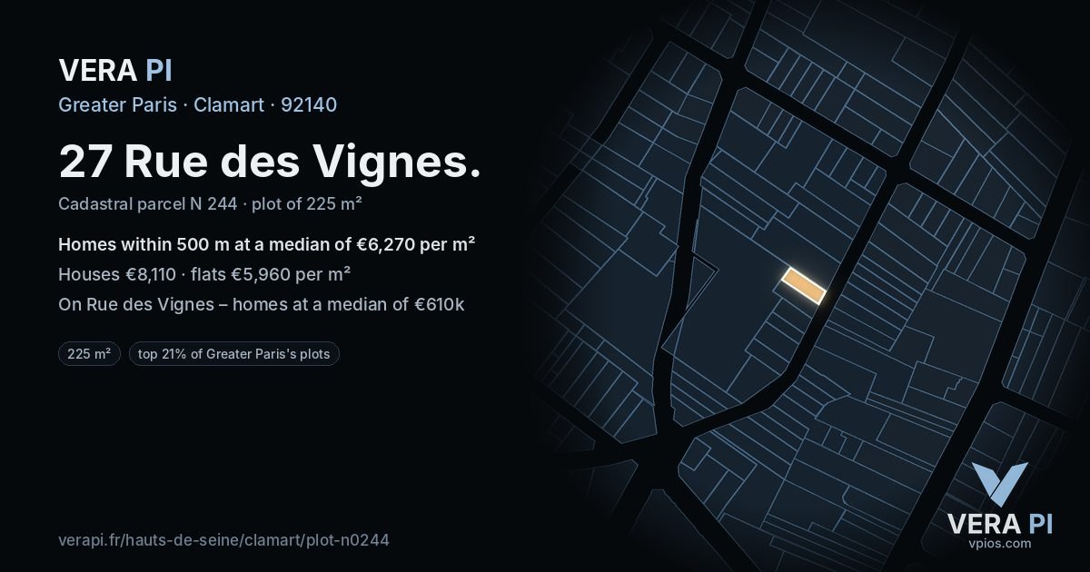 27 Rue des Vignes, Clamart at night – the plot lit, the parcels around coloured by the prices near them