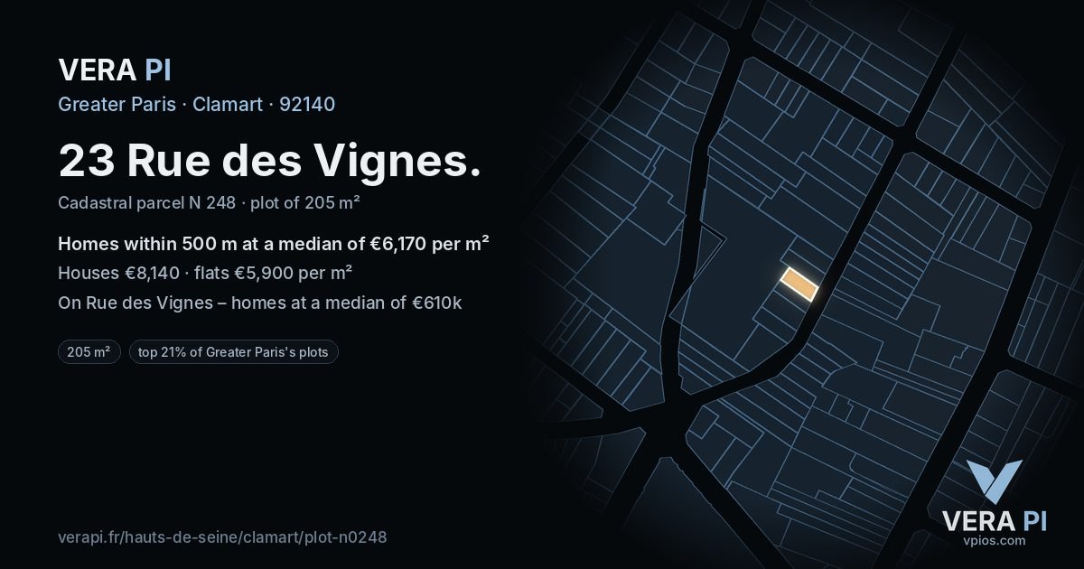 23 Rue des Vignes, Clamart at night – the plot lit, the parcels around coloured by the prices near them