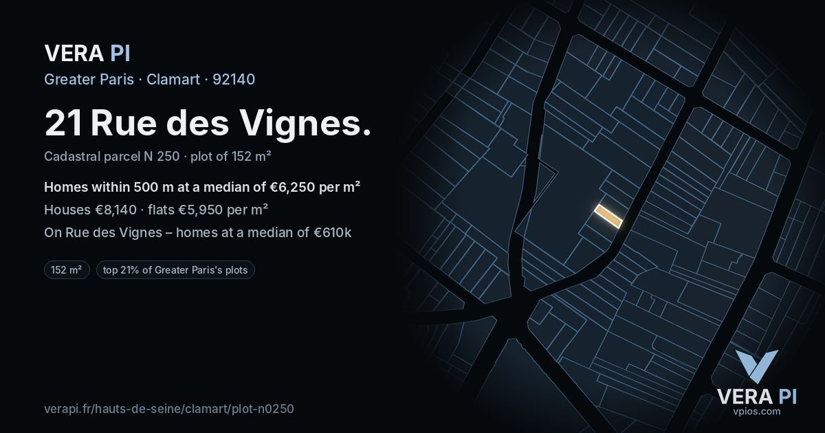 21 Rue des Vignes, Clamart at night – the plot lit, the parcels around coloured by the prices near them