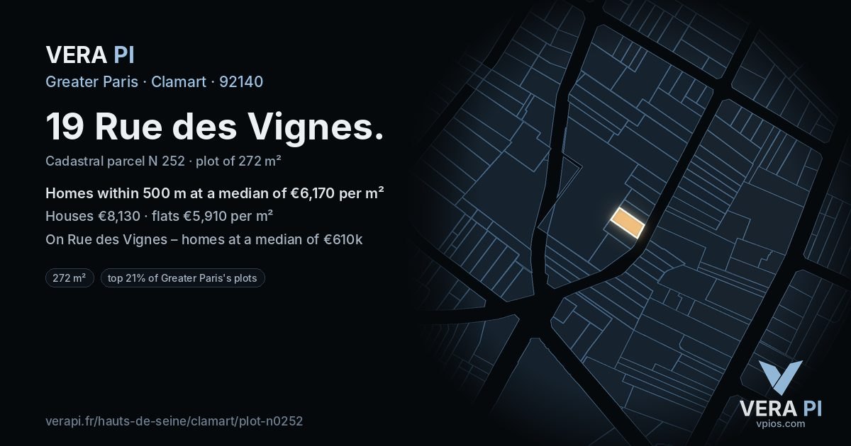 19 Rue des Vignes, Clamart at night – the plot lit, the parcels around coloured by the prices near them