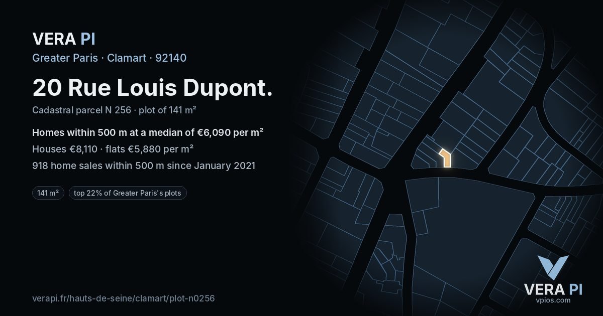 20 Rue Louis Dupont, Clamart at night – the plot lit, the parcels around coloured by the prices near them