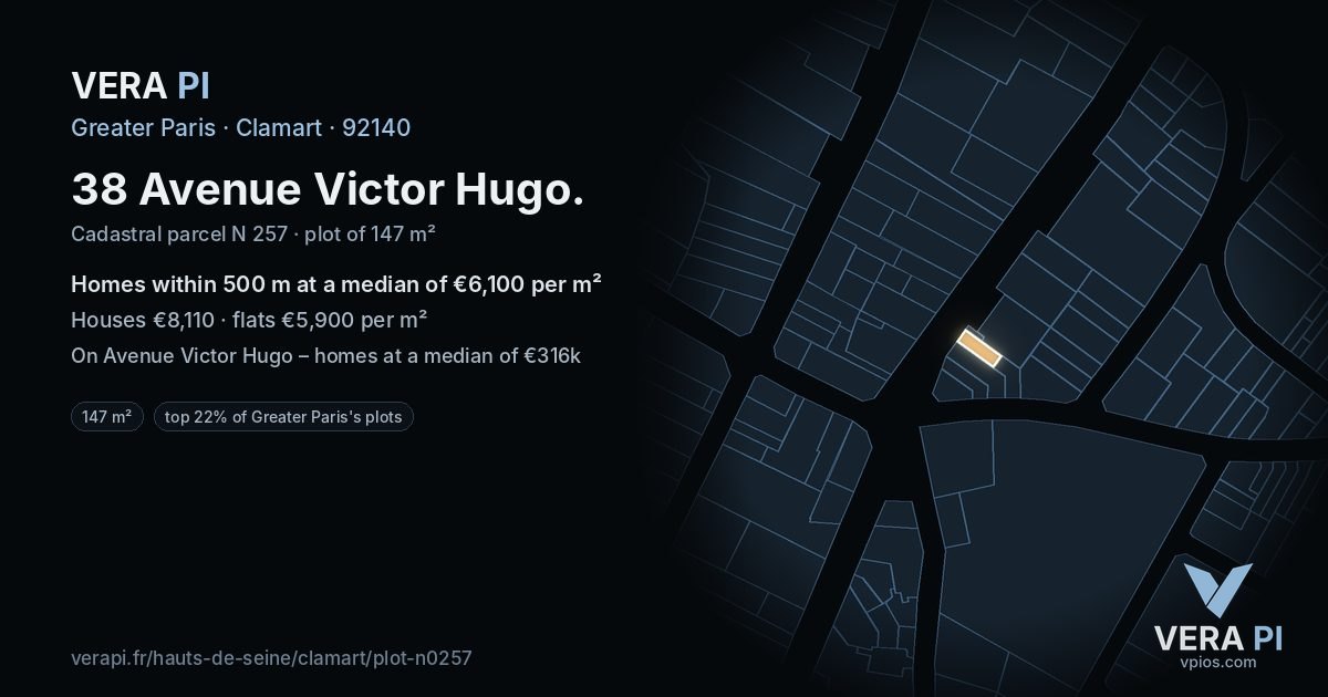38 Avenue Victor Hugo, Clamart at night – the plot lit, the parcels around coloured by the prices near them
