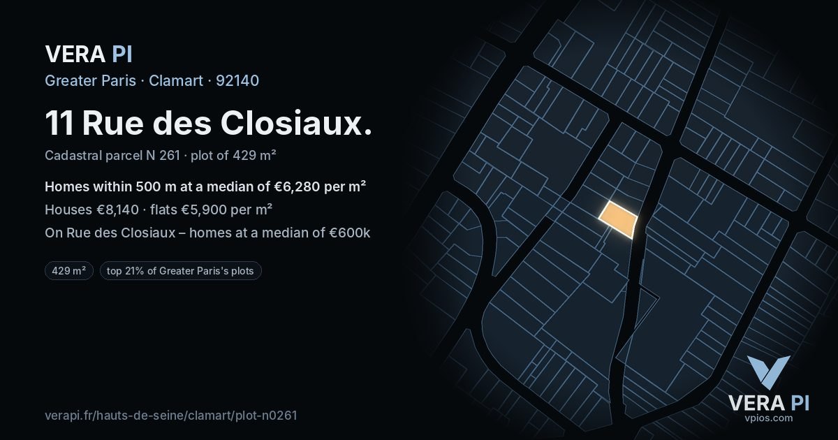 11 Rue des Closiaux, Clamart at night – the plot lit, the parcels around coloured by the prices near them