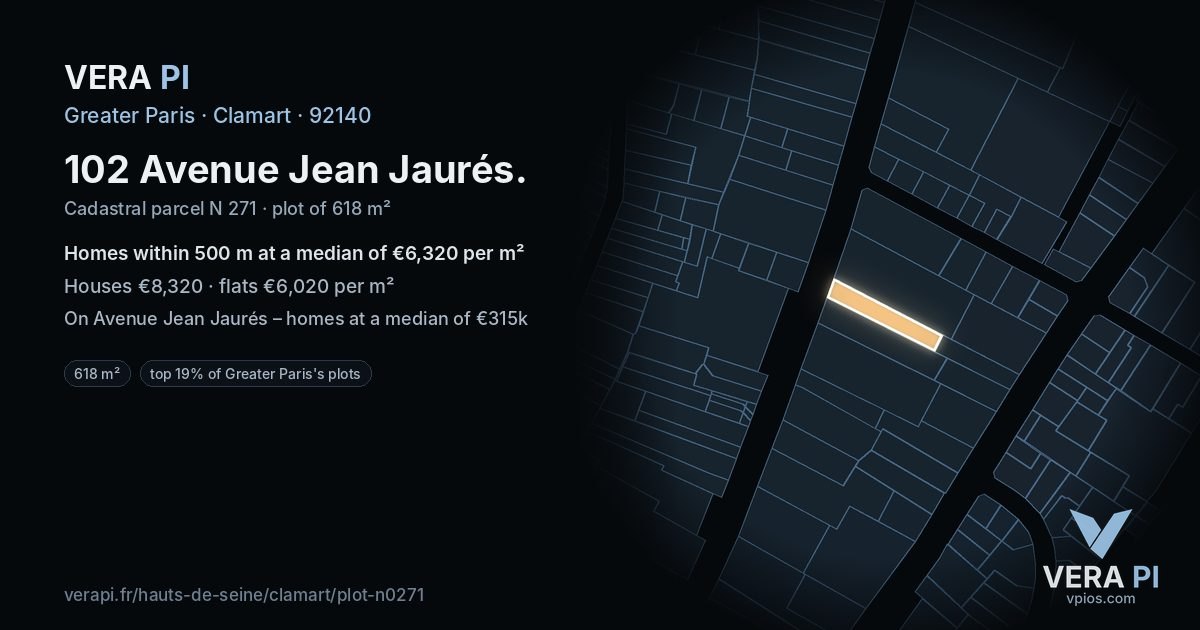 102 Avenue Jean Jaurés, Clamart at night – the plot lit, the parcels around coloured by the prices near them
