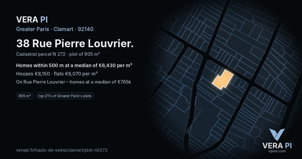 38 Rue Pierre Louvrier, Clamart at night – the plot lit, the parcels around coloured by the prices near them