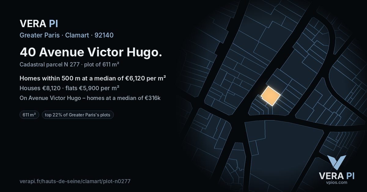 40 Avenue Victor Hugo, Clamart at night – the plot lit, the parcels around coloured by the prices near them