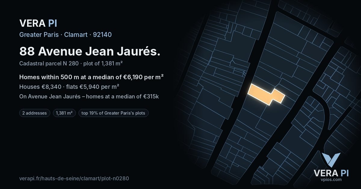 88 Avenue Jean Jaurés, Clamart at night – the plot lit, the parcels around coloured by the prices near them