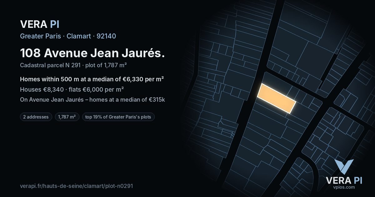 108 Avenue Jean Jaurés, Clamart at night – the plot lit, the parcels around coloured by the prices near them