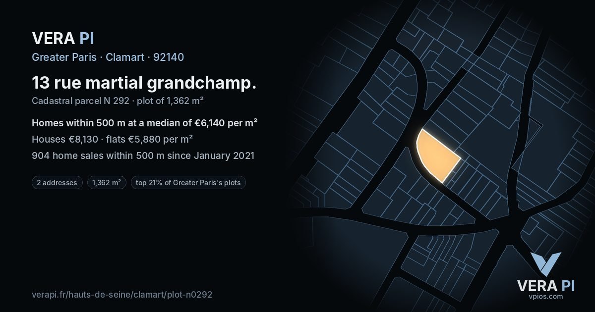 13 rue martial grandchamp, Clamart at night – the plot lit, the parcels around coloured by the prices near them