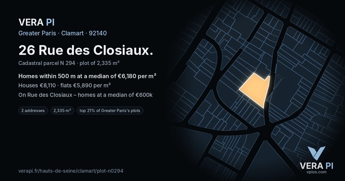 26 Rue des Closiaux, Clamart at night – the plot lit, the parcels around coloured by the prices near them