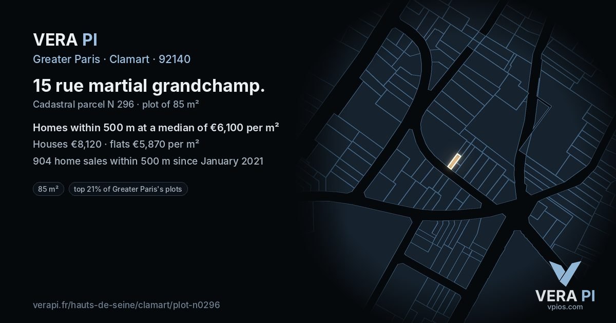 15 rue martial grandchamp, Clamart at night – the plot lit, the parcels around coloured by the prices near them