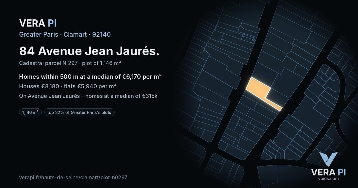 84 Avenue Jean Jaurés, Clamart at night – the plot lit, the parcels around coloured by the prices near them