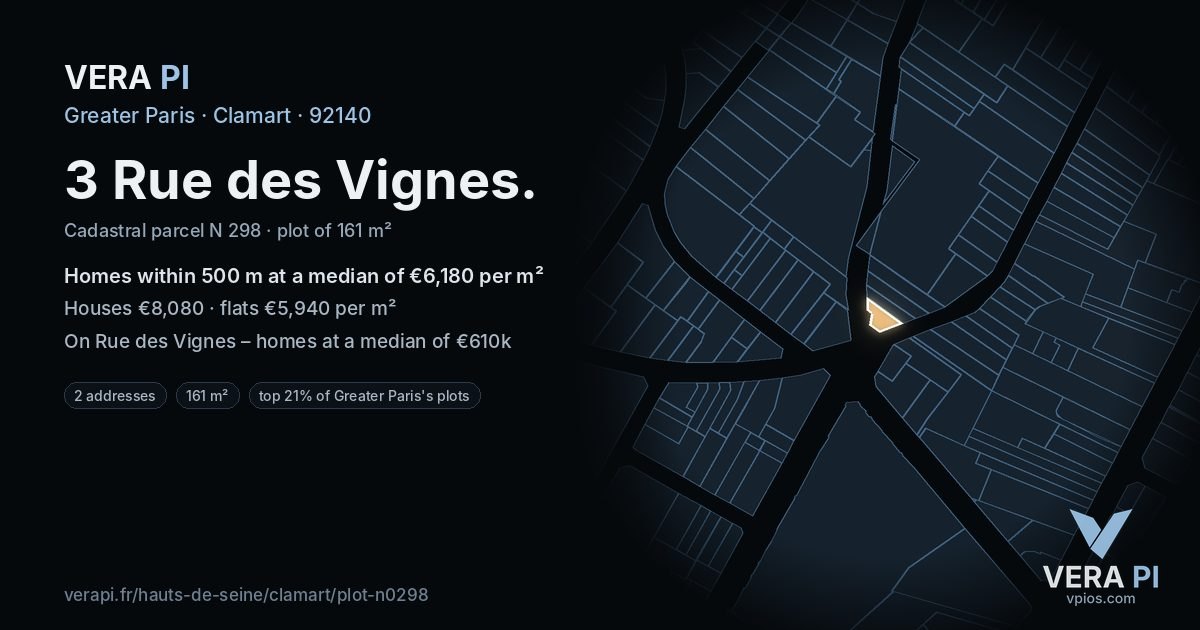 3 Rue des Vignes, Clamart at night – the plot lit, the parcels around coloured by the prices near them