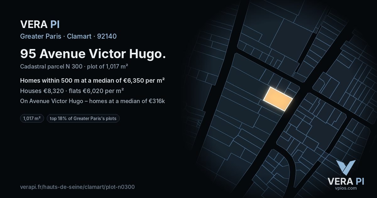 95 Avenue Victor Hugo, Clamart at night – the plot lit, the parcels around coloured by the prices near them