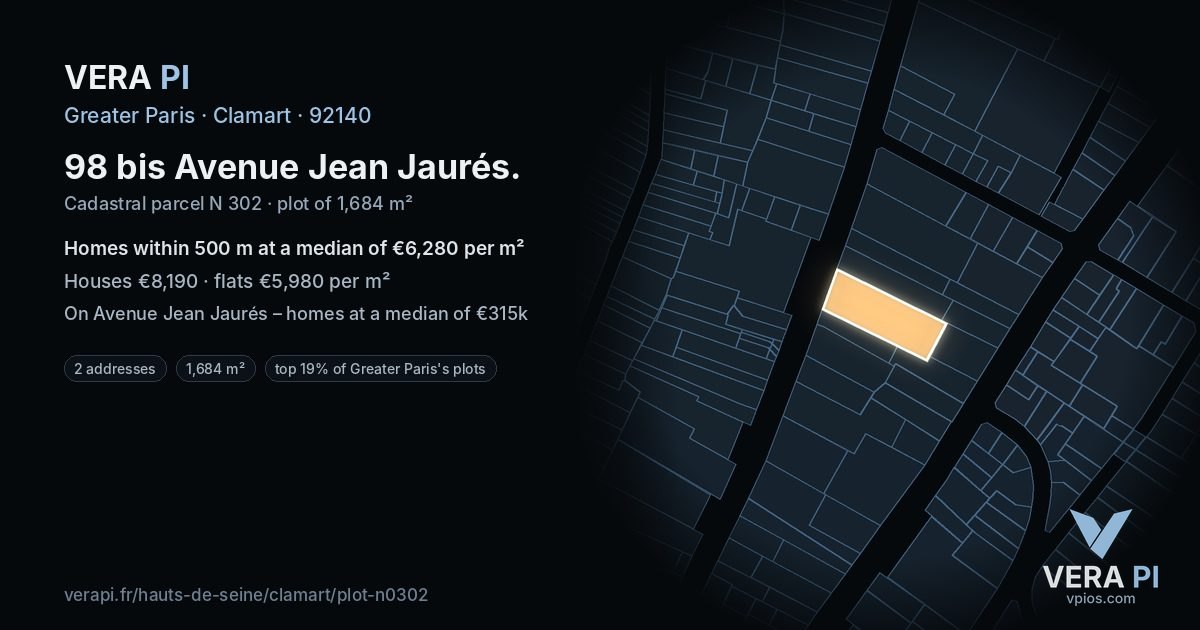 98 bis Avenue Jean Jaurés, Clamart at night – the plot lit, the parcels around coloured by the prices near them