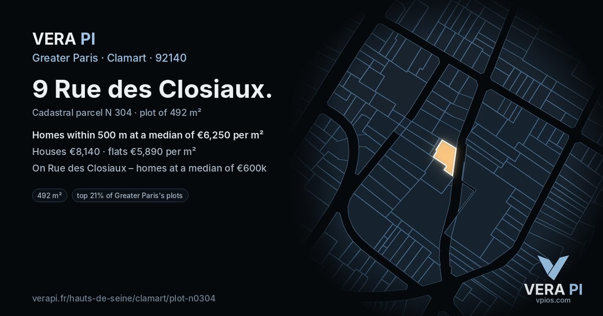 9 Rue des Closiaux, Clamart at night – the plot lit, the parcels around coloured by the prices near them