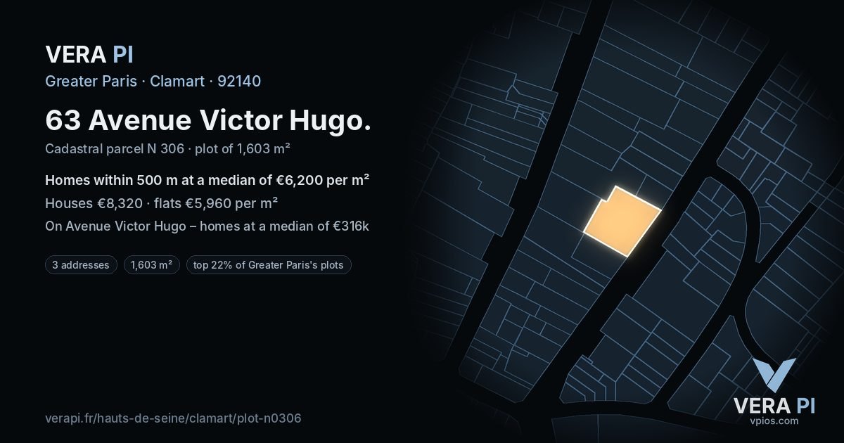 63 Avenue Victor Hugo, Clamart at night – the plot lit, the parcels around coloured by the prices near them