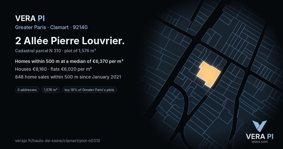 2 Allée Pierre Louvrier, Clamart at night – the plot lit, the parcels around coloured by the prices near them
