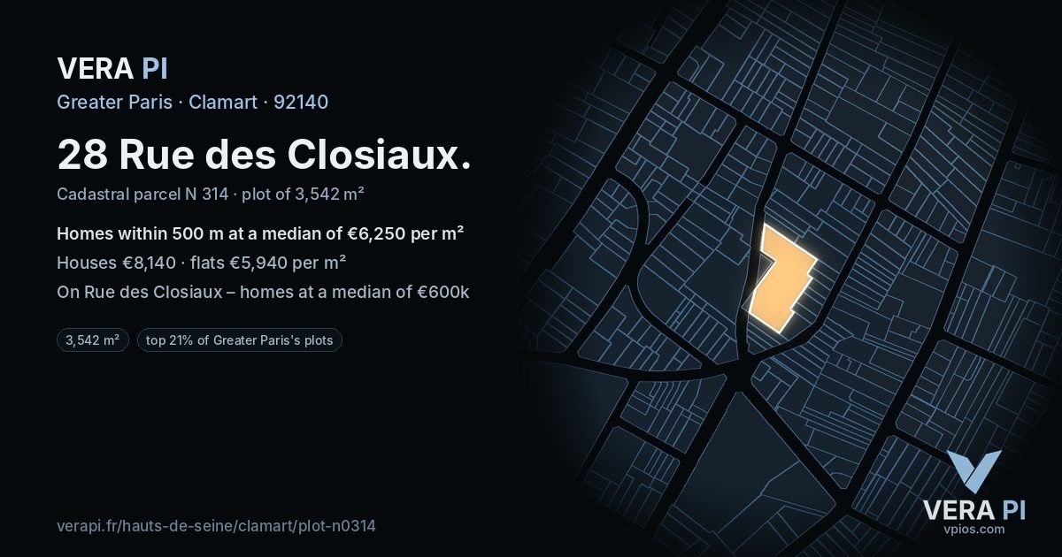 28 Rue des Closiaux, Clamart at night – the plot lit, the parcels around coloured by the prices near them