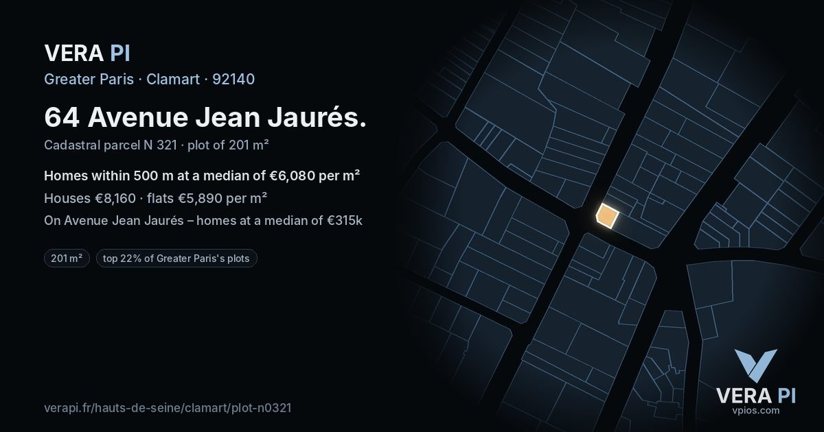 64 Avenue Jean Jaurés, Clamart at night – the plot lit, the parcels around coloured by the prices near them