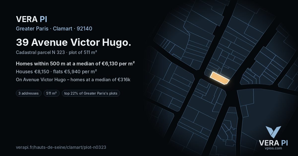 39 Avenue Victor Hugo, Clamart at night – the plot lit, the parcels around coloured by the prices near them