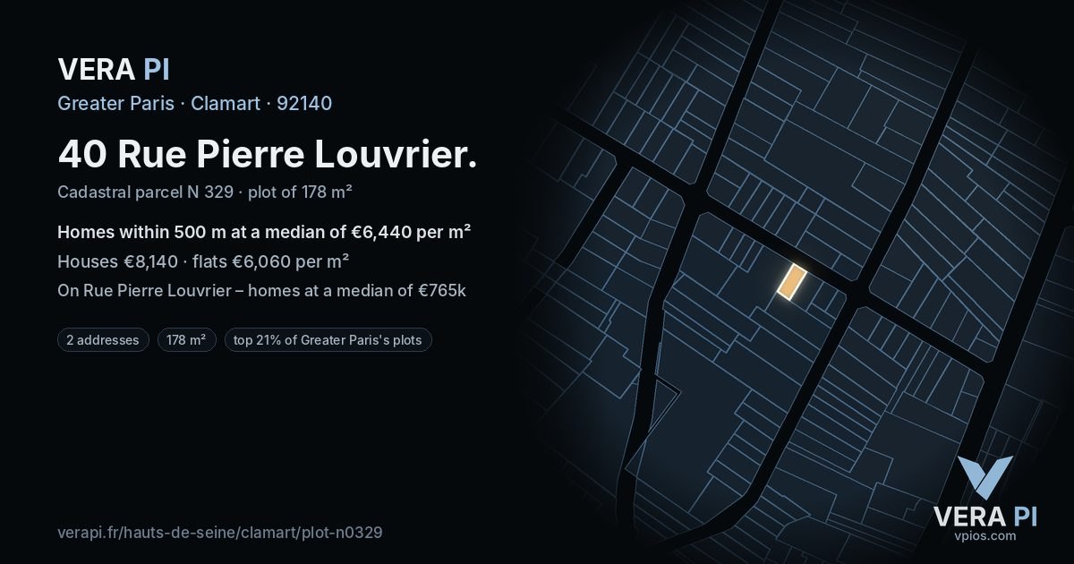 40 Rue Pierre Louvrier, Clamart at night – the plot lit, the parcels around coloured by the prices near them