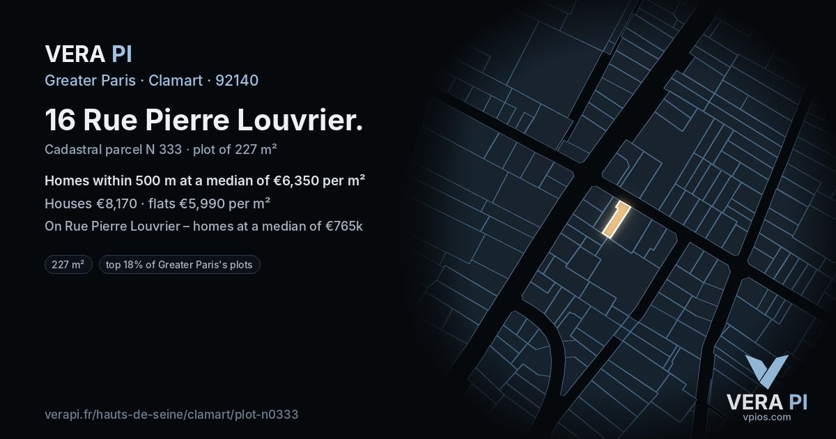 16 Rue Pierre Louvrier, Clamart at night – the plot lit, the parcels around coloured by the prices near them