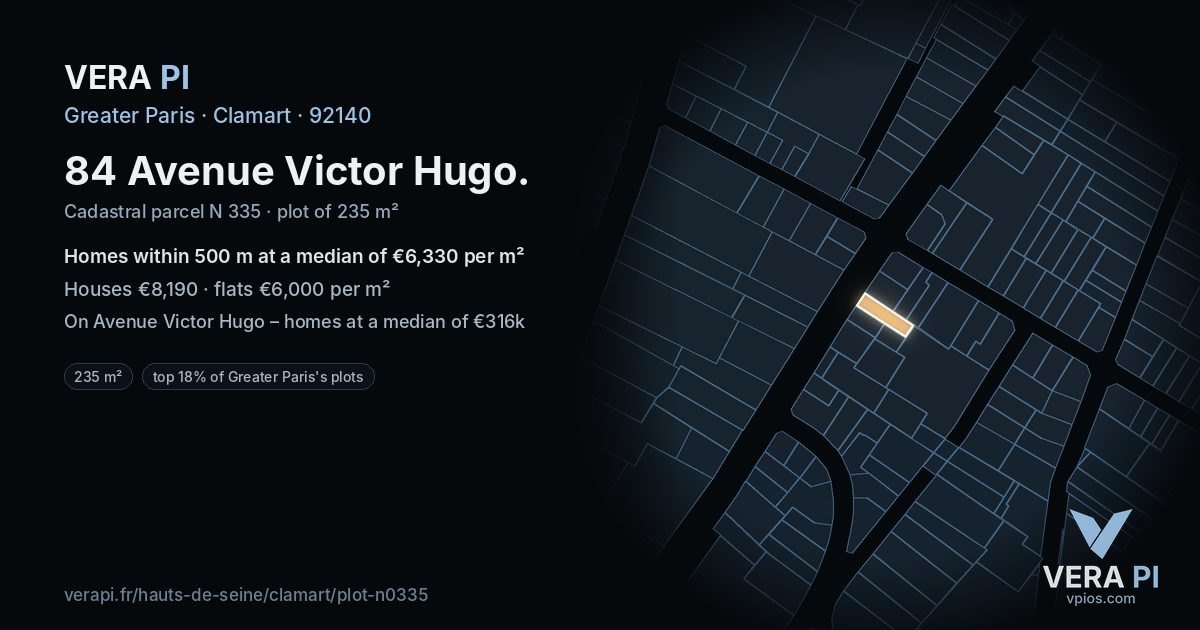 84 Avenue Victor Hugo, Clamart at night – the plot lit, the parcels around coloured by the prices near them