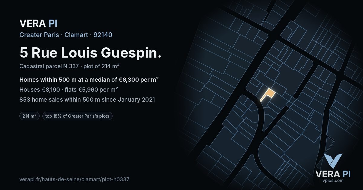 5 Rue Louis Guespin, Clamart at night – the plot lit, the parcels around coloured by the prices near them