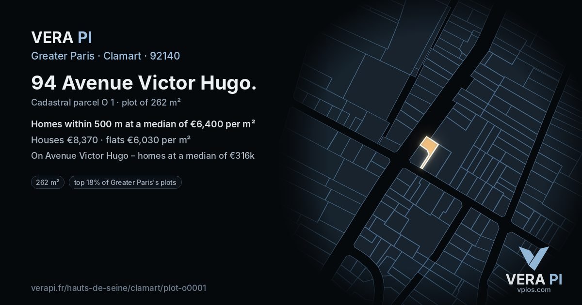 94 Avenue Victor Hugo, Clamart at night – the plot lit, the parcels around coloured by the prices near them