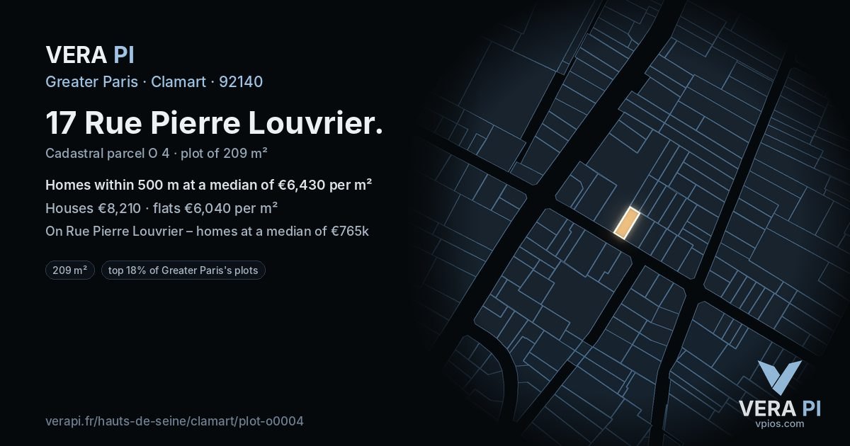 17 Rue Pierre Louvrier, Clamart at night – the plot lit, the parcels around coloured by the prices near them