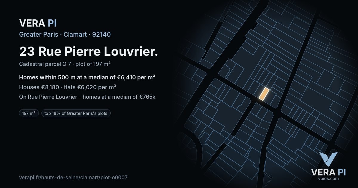23 Rue Pierre Louvrier, Clamart at night – the plot lit, the parcels around coloured by the prices near them