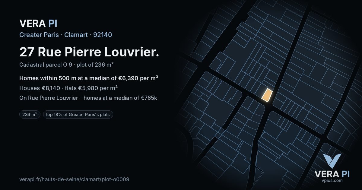 27 Rue Pierre Louvrier, Clamart at night – the plot lit, the parcels around coloured by the prices near them