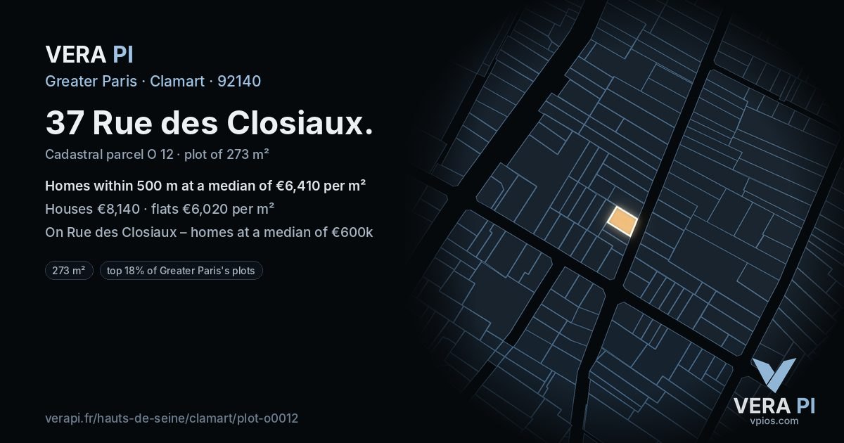 37 Rue des Closiaux, Clamart at night – the plot lit, the parcels around coloured by the prices near them