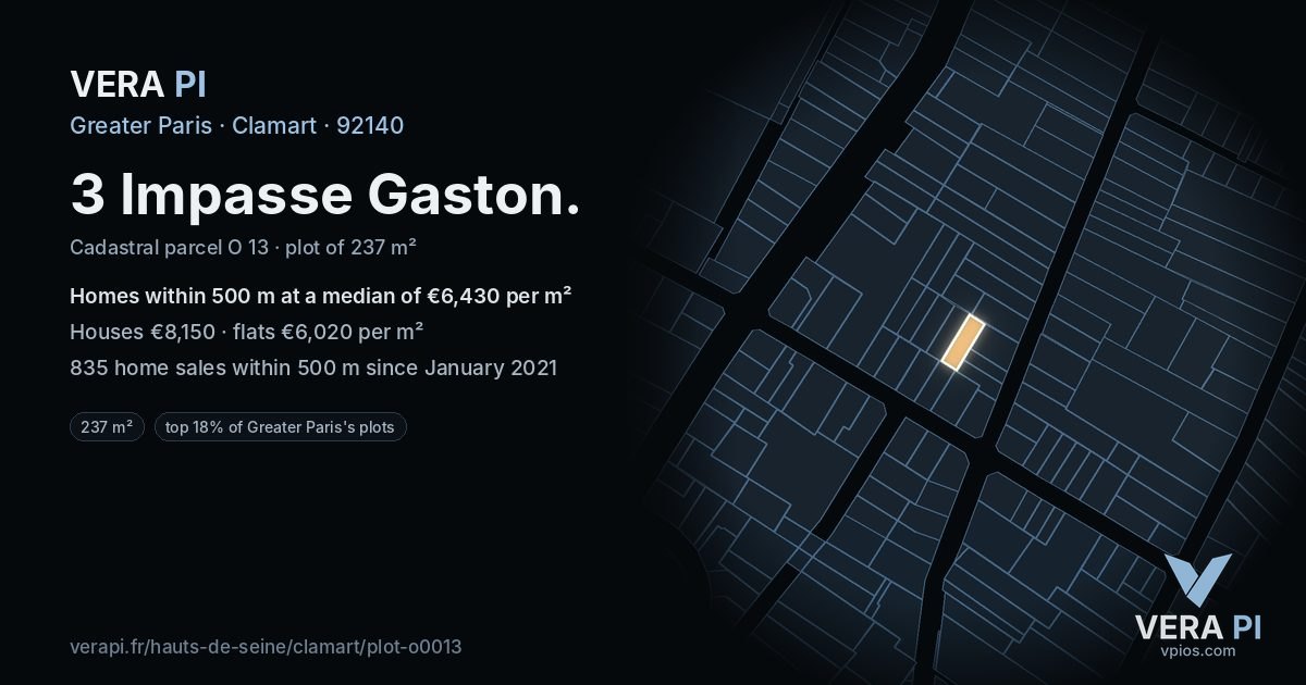 3 Impasse Gaston, Clamart at night – the plot lit, the parcels around coloured by the prices near them